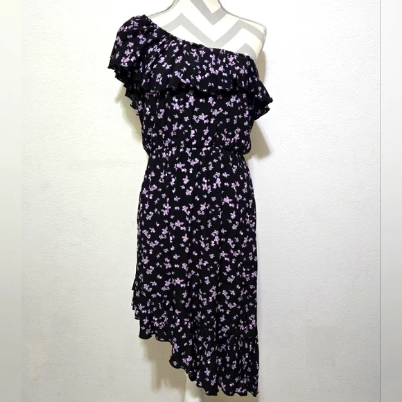 LEITH Floral One Shoulder Ruffle Asymmetric Hem Dress Black Lavender Size Medium - Picture 2 of 15